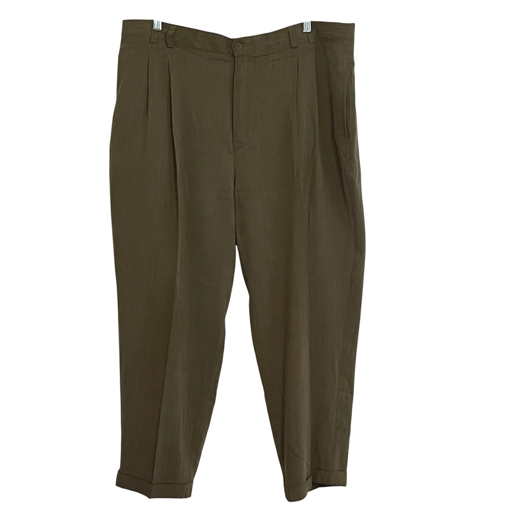 Tommy Bahama Mens 42x28 100% Silk Pleated Herringbone Trouser Olive Green Cuffed